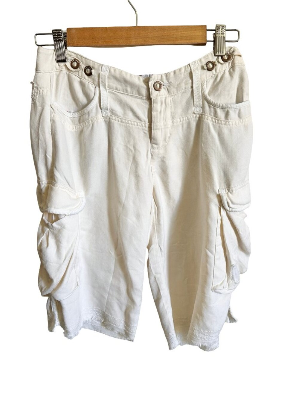 Vtg DA-NANG Off White Ivory 100% Silk Washable LONG CARGO Shorts 90s Y2K S